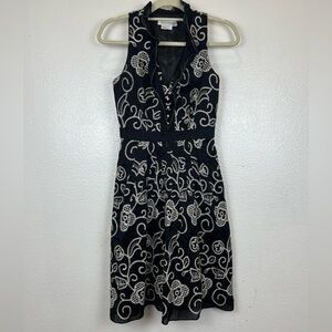 Kay Unger Black Ivory Floral Embroidery with Pearl Buttons Dress Size 2